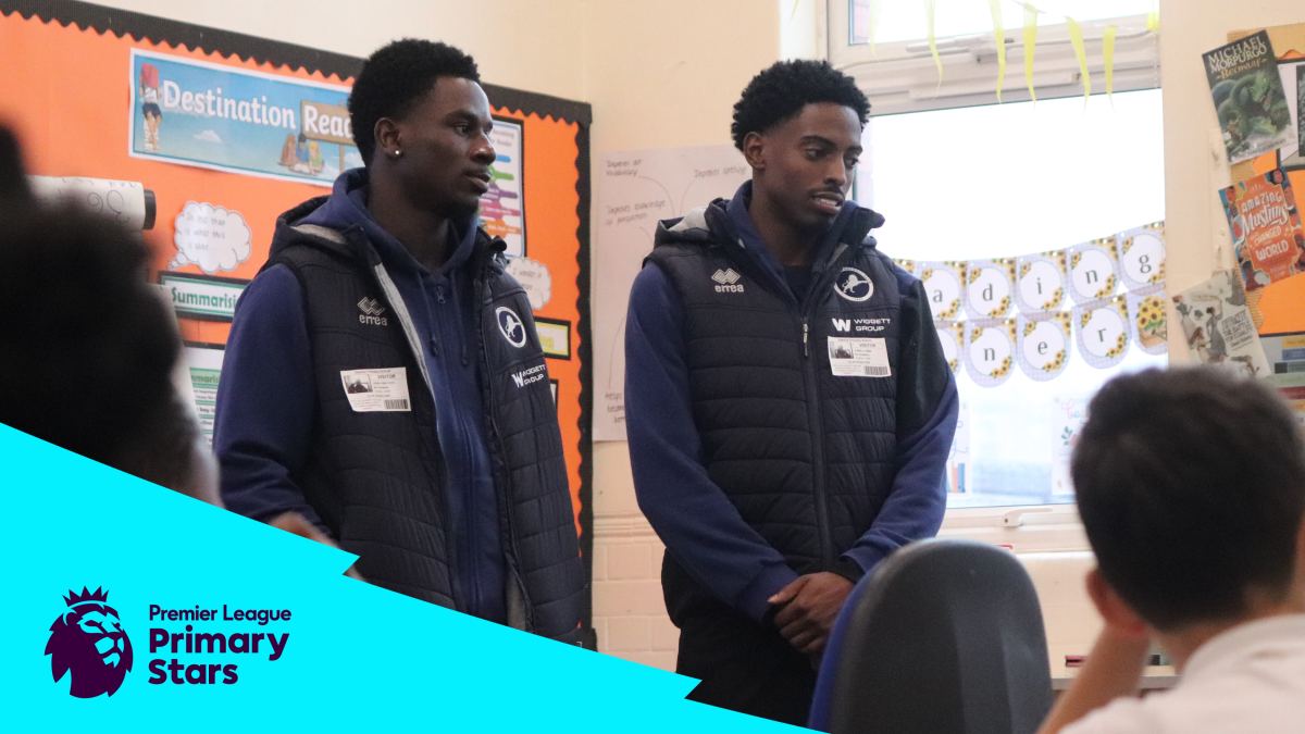 Kyrell Lisbie and Jordi Osei-Tutu visit Ilderton Primrary School for Premier League Primary Stars No Room For Racism initiative