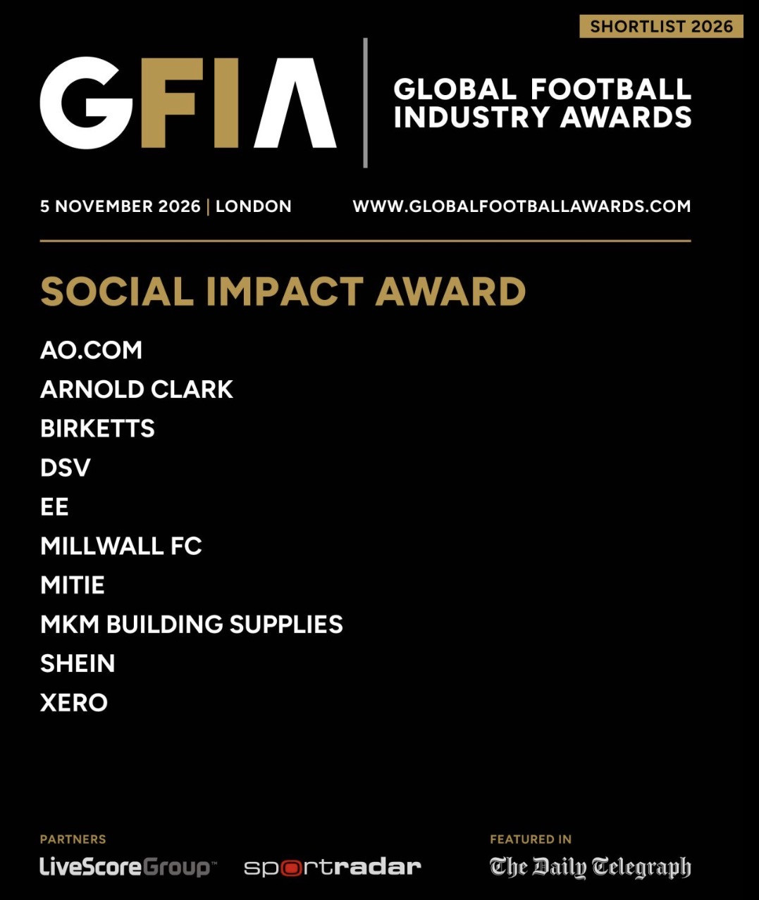 Millwall FC has been nominated for the 2026 Social Impact Award at the Global Football Industry Awards